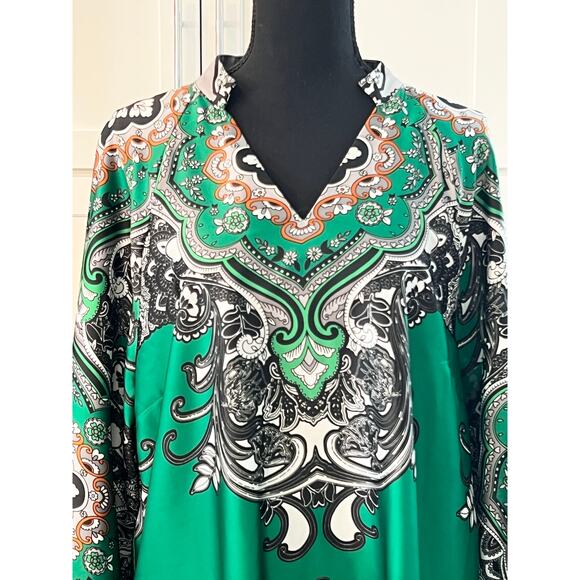 NWT CHICO'S Satin Blouse Long Sleeve Green Paisley Women's Sz 2 Large 12 Career - Picture 2 of 6